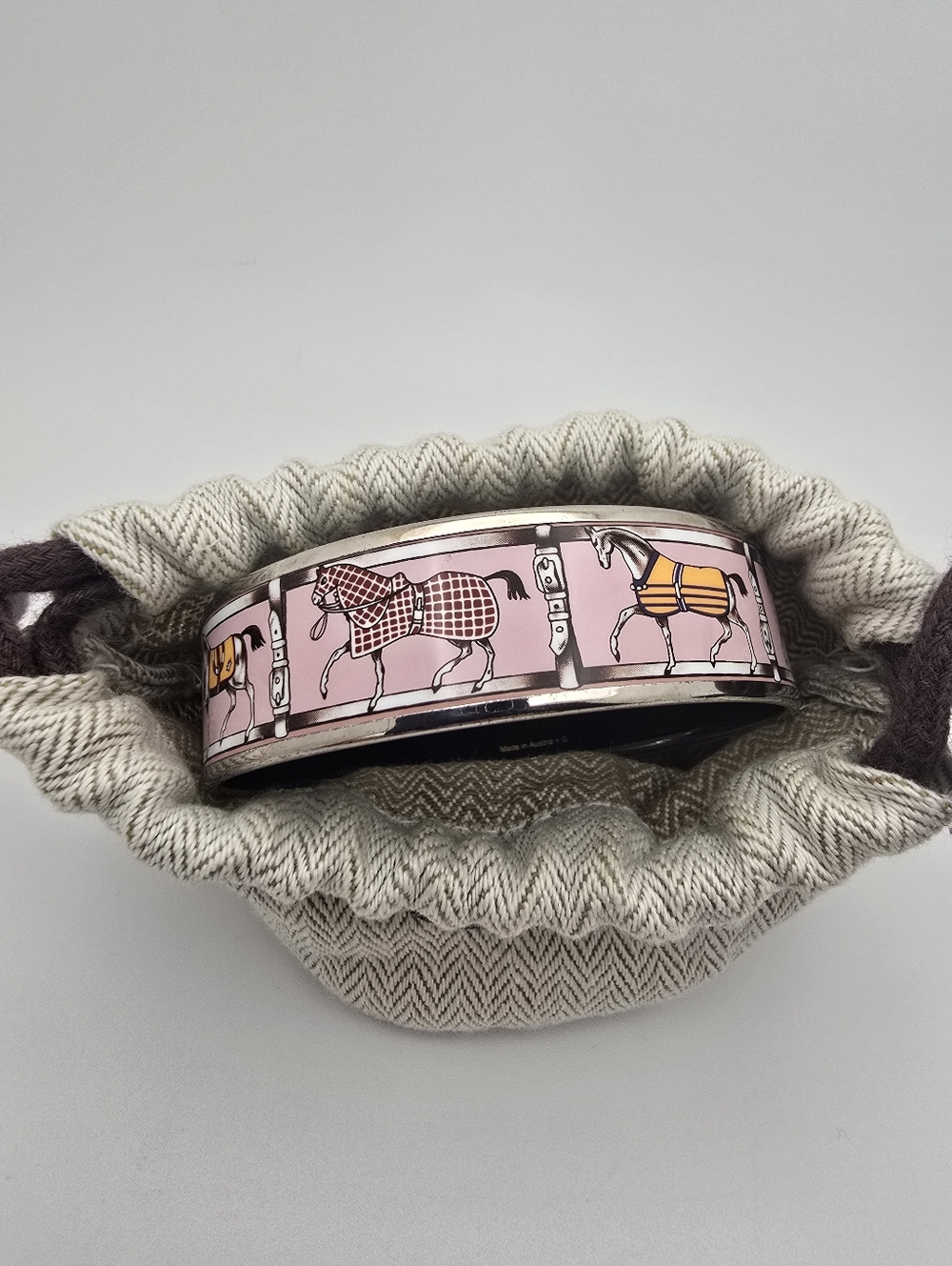 Rare Authentic Hermes Pink Enamel Horse Motif Bangle with White Trim